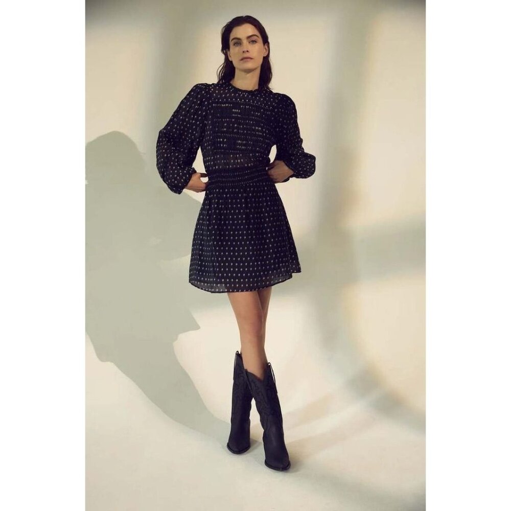 Melissa Nepton women's small black floral Robe Mona peasant smocked mini dress